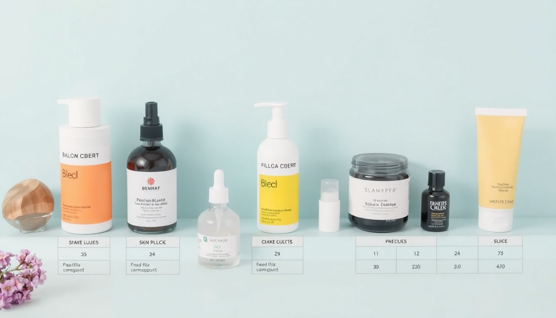 Natural skincare products arranged with skin type charts