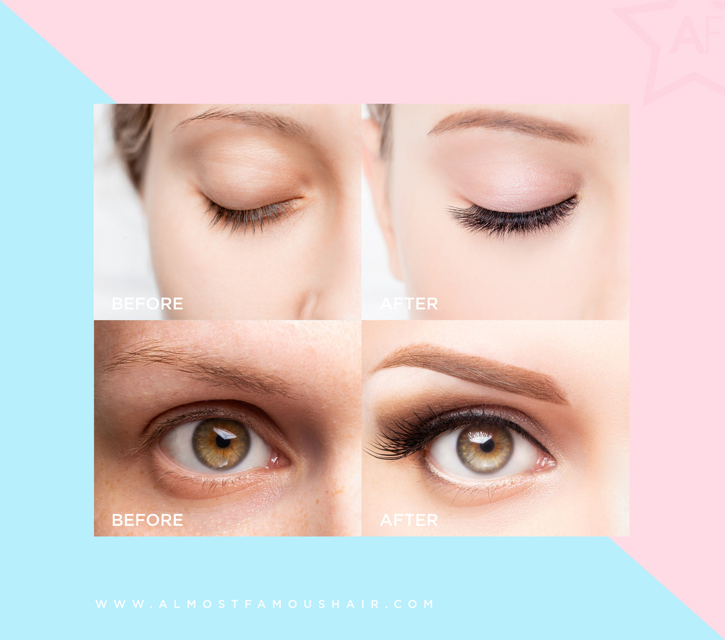 Before and after close-up images showing eyelash enhancement using premium eyelash curler set by Sky Blue Thrace