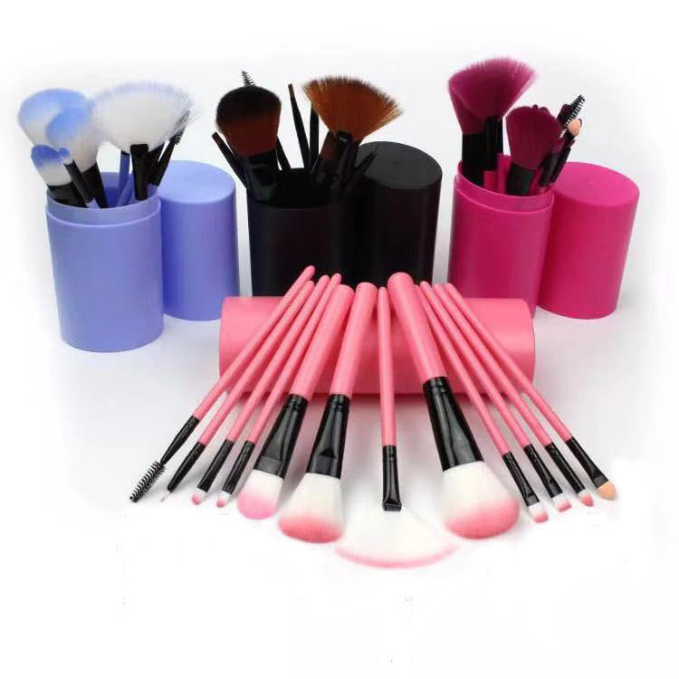 12 piece makeup brush set in various colors with storage holders for ideal beauty applications