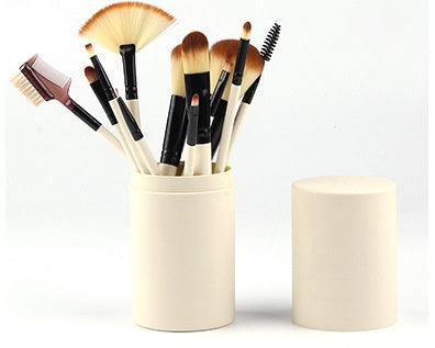 12 piece makeup brush set in a cream holder for flawless makeup application
