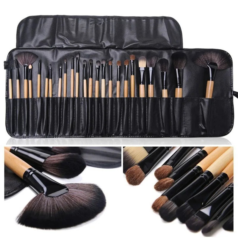 24 piece makeup brushes kit with soft bristles and wooden handles in a stylish case for perfect makeup application