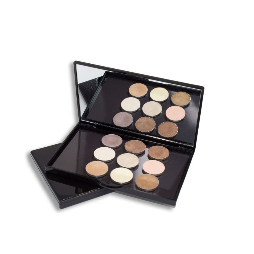 Bella Bliss Cosmetics eyeshadow set featuring 12 versatile shades in a sleek black palette