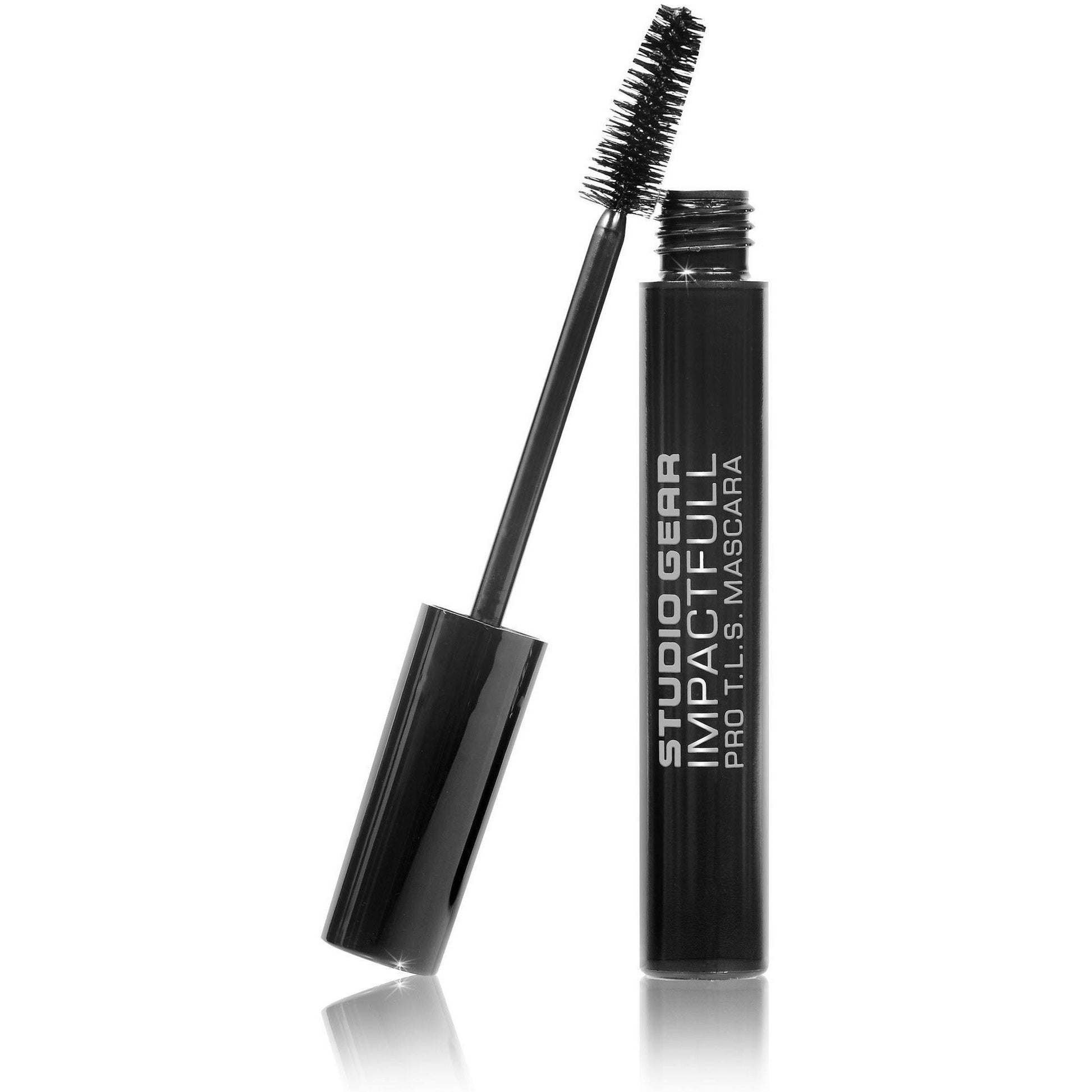 Studio Gear Impact Full Pro Mascara with a brush for voluminous lashes, paired with Bella Bliss Cosmetics eyeshadow set