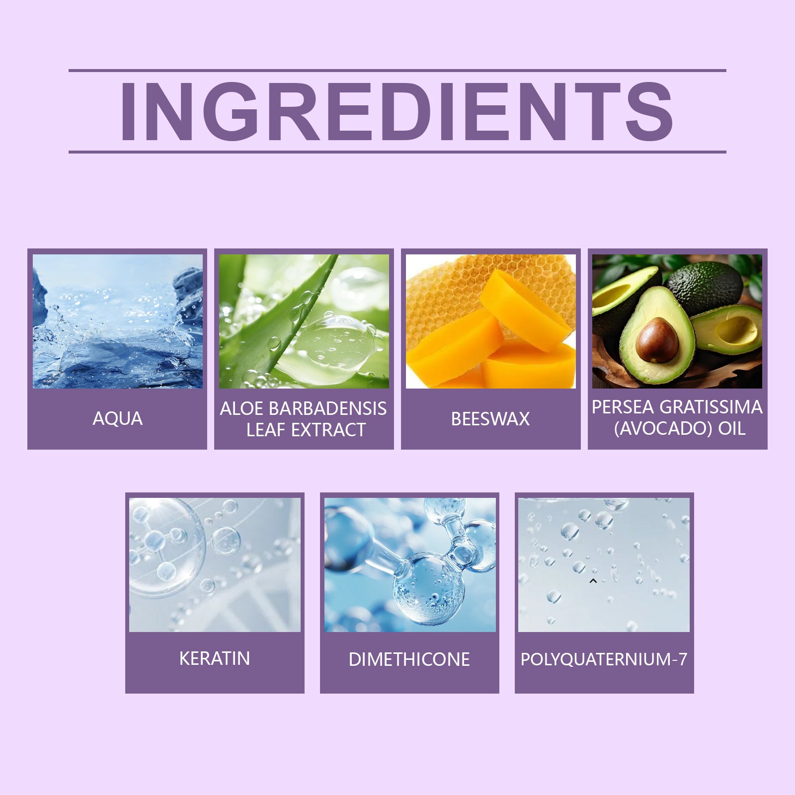 Ingredient list for Bella Bliss Cosmetics moisturizing hair mask for dry and frizzy hair including aloe and avocado oil