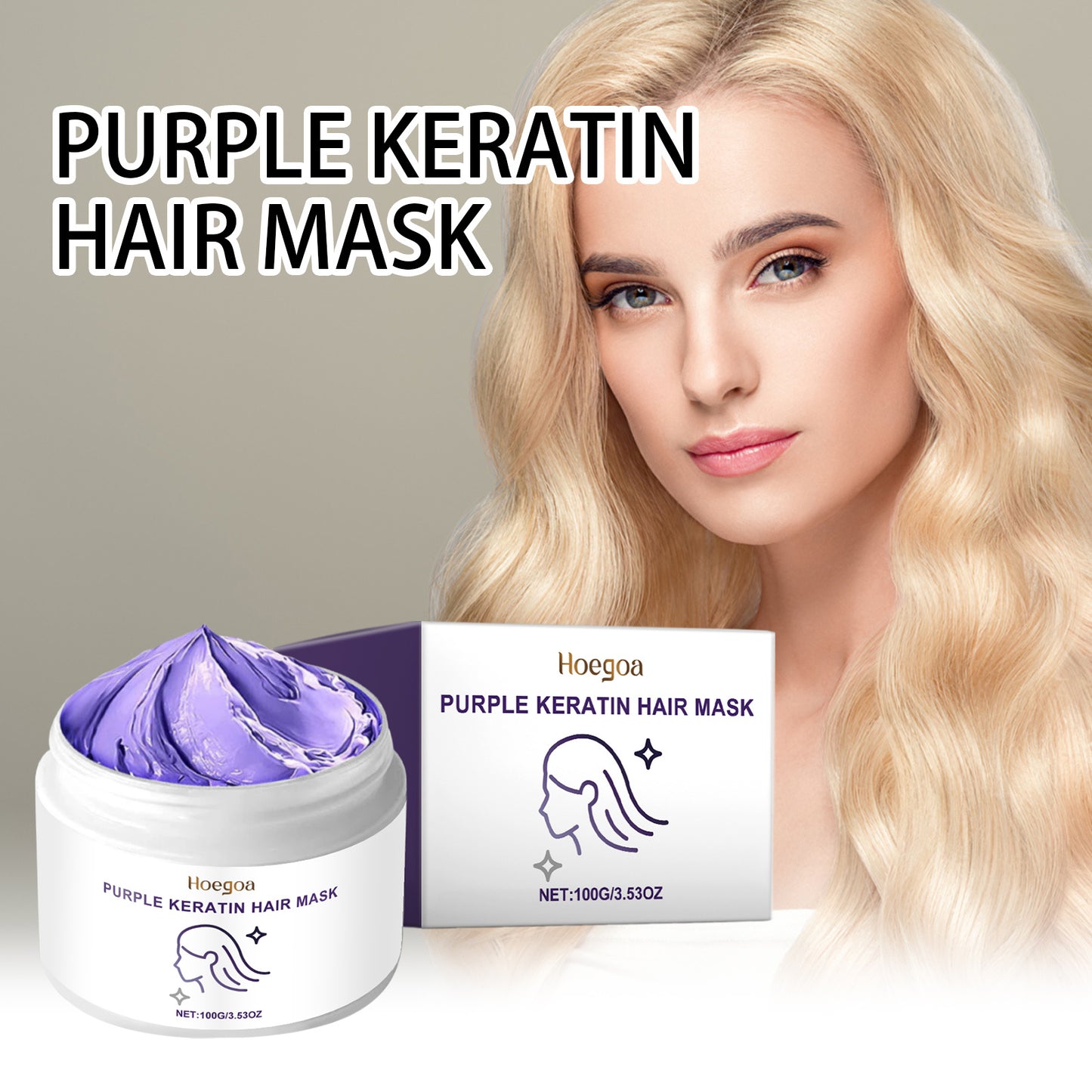 Purple Keratin Hair Mask from Bella Bliss Cosmetics, a moisturizing hair mask for dry and frizzy hair.