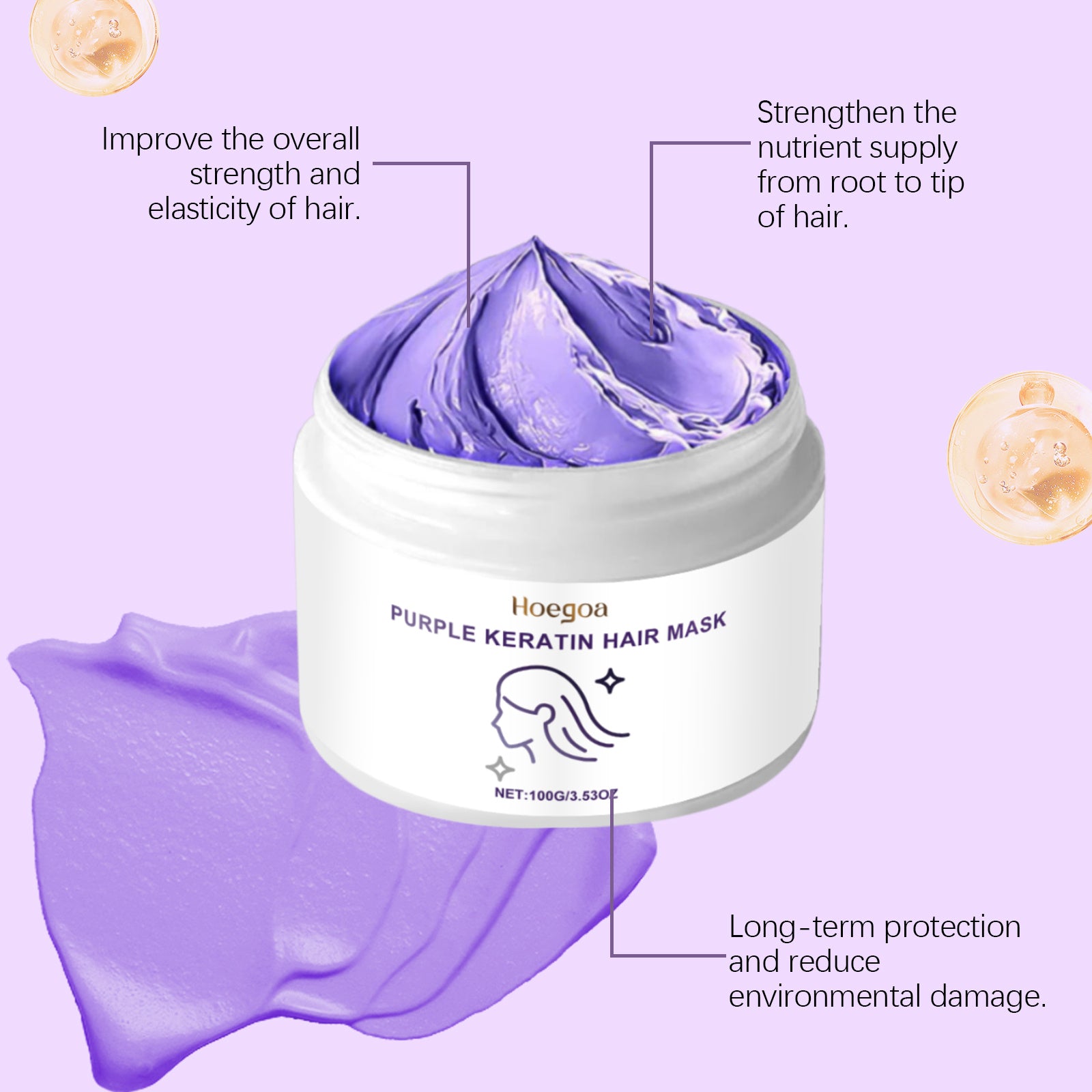 Bella Bliss Cosmetics moisturizing hair mask for dry and frizzy hair in a purple container with smooth texture