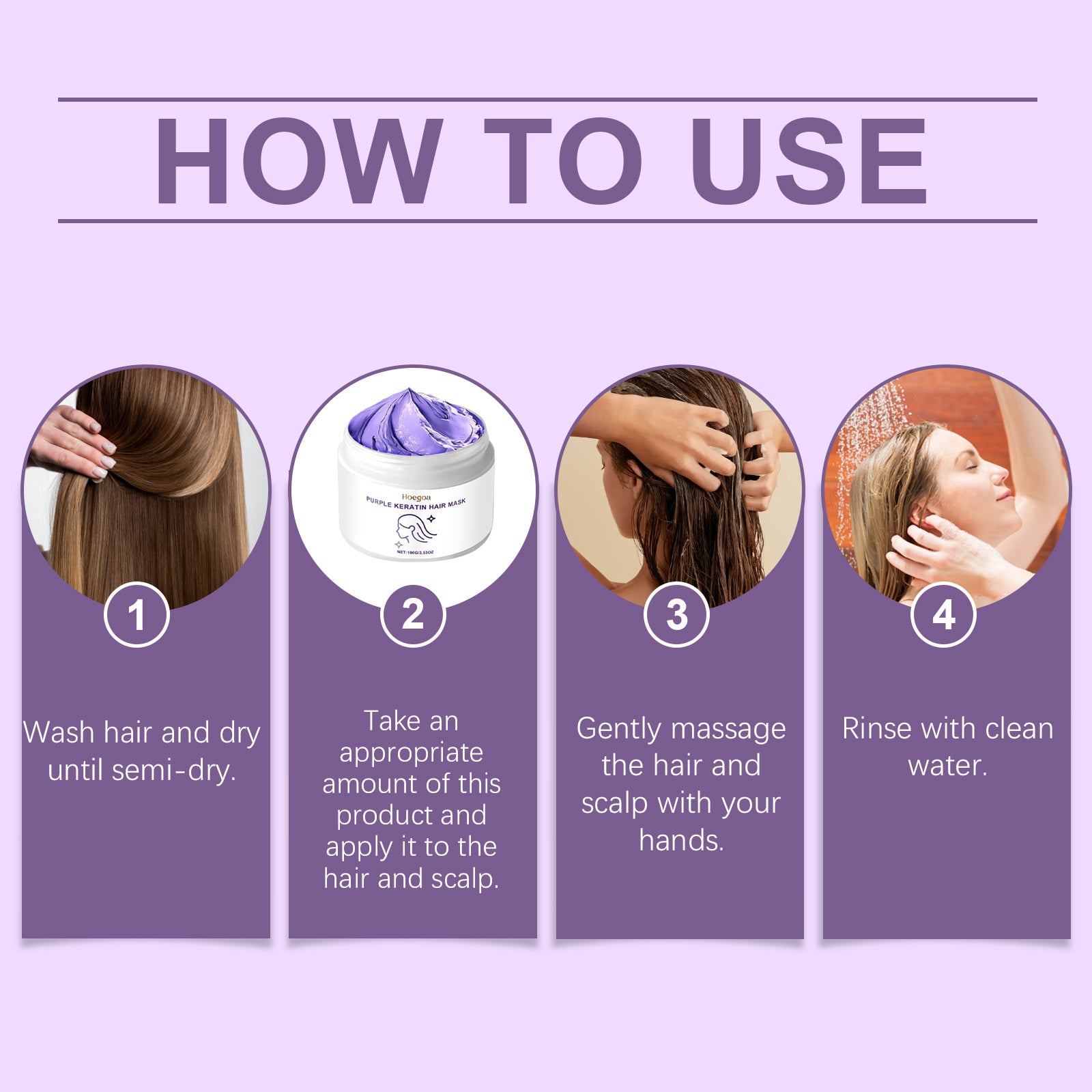 Instructions for using Bella Bliss Cosmetics moisturizing hair mask for dry and frizzy hair on damp hair.