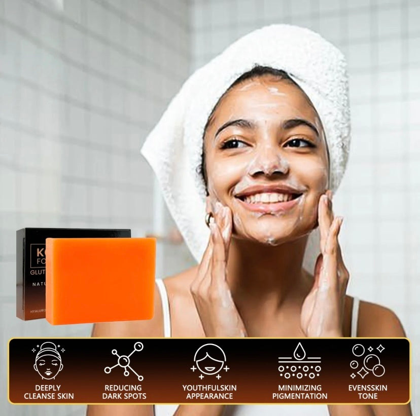 Organic turmeric soap bar for face next to a smiling woman applying it for a radiant complexion