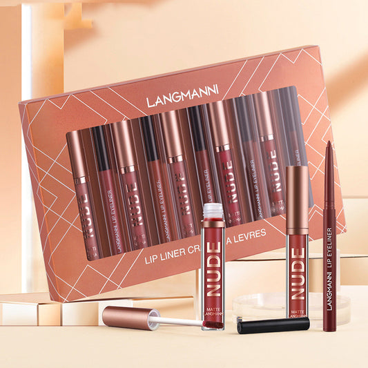 Bella Bliss Cosmetics 12 piece lip makeup gift set for girls featuring various lip colors and liners in elegant packaging