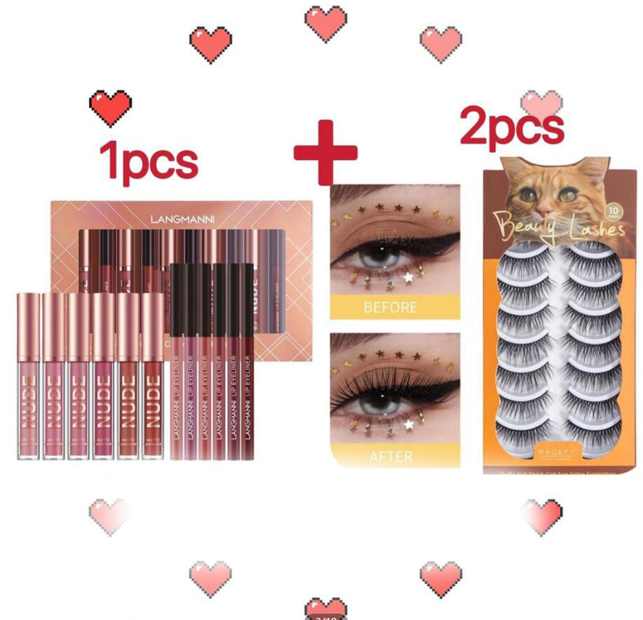 12 piece lip makeup gift set for girls featuring various lip colors and false eyelashes for enhanced beauty