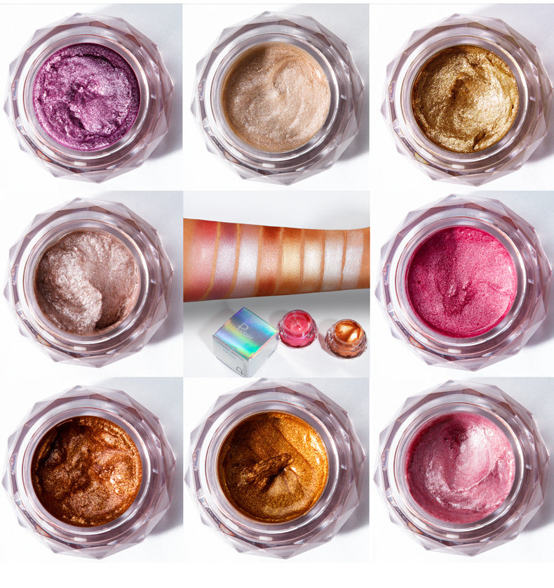 Bella Bliss Cosmetics Mermaid face highlighter gel collection showcasing various shades in jars with swatches