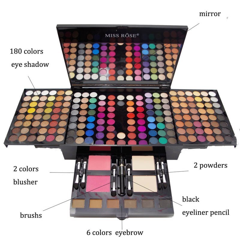 Bella Bliss Cosmetics 180 color eyeshadow palette with a variety of vibrant shades and makeup tools