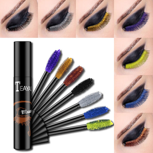 Assorted colorful mascara tubes and eyes showcasing fluorescent mascara in various vibrant shades
