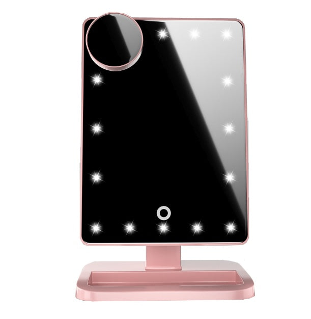Touch screen makeup mirror with lights featuring a sleek design and a built-in magnifying mirror