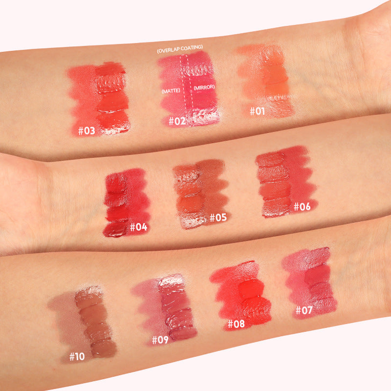 10-color lipstick and lip gloss set swatches on arms showcasing vibrant shades and finishes